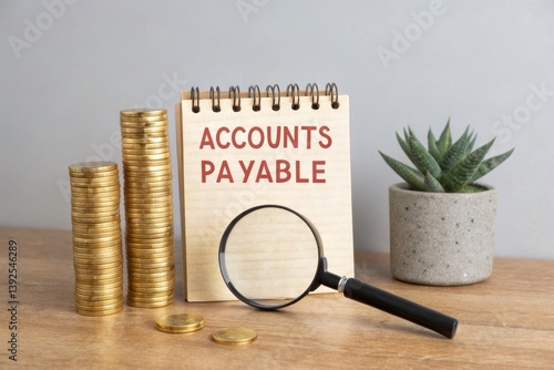 Accounts payable notepad with golden coins and magnifying glass for finance and audit concept on desk