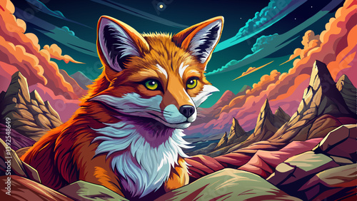 Fox portrait on an alien rock formation desert under a strange colored sky, animal banner