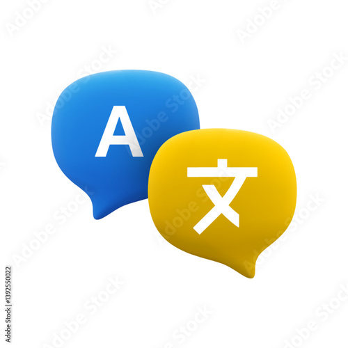 Vector cartoon 3d translation icon. Minimal realistic 3d speech bubbles with english and Chinese language translation signs. Online translate message dialog design element for app, web, study service.