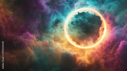 Vibrant and colorful digital artwork of an eclipse framed by luminous clouds in a cosmic atmosphere, showcasing a mesmerizing blend of purple, turquoise, and gold hues with dramatic lighting effects