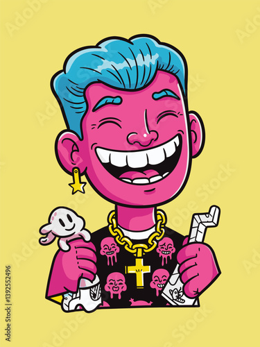 Cartoon illustration of smiling man with blue hair and gold jewelry