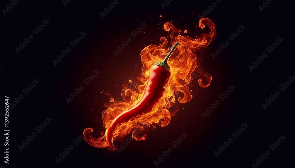 Flaming red cayenne pepper. Spicy essence, sharp, contained in a graceful dance of fire against darkness. Flaming red cayenne pepper. Spicy essence, sharp, contained in a graceful dance of fire against darkness.