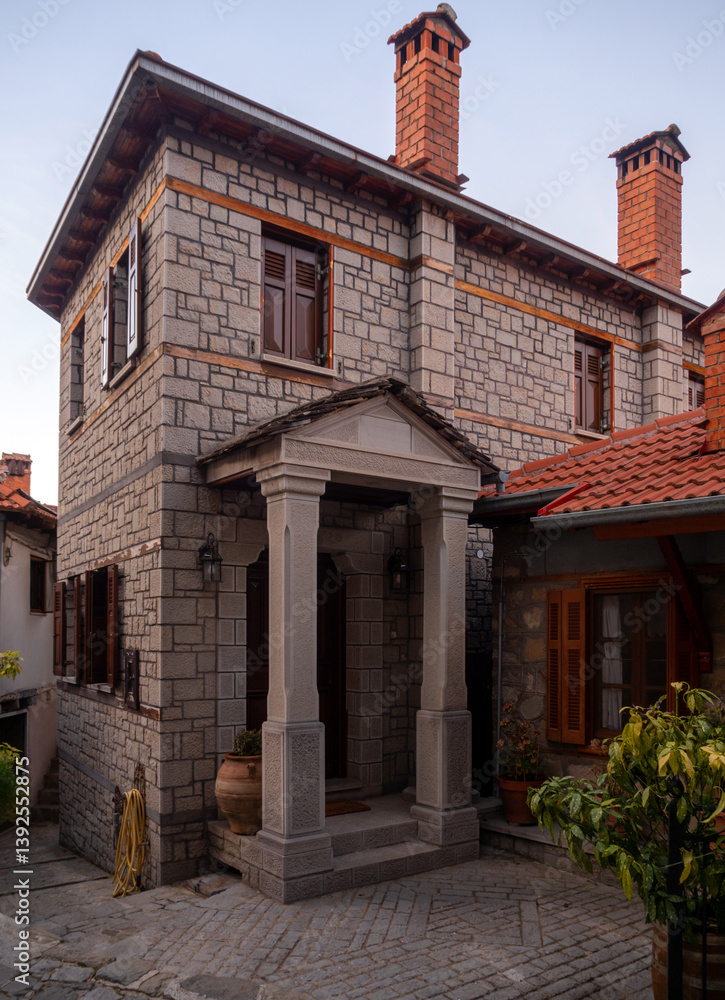 Fototapeta premium Streets and houses of traditional architecture in the mountain tourist village of Metsovo in the mountains of Epirus in Greece 