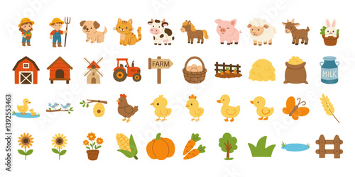 A farm scene with a variety of farm animals and farm objects