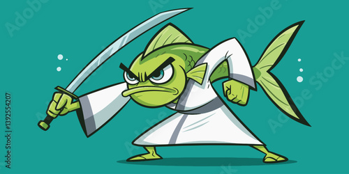 Cartoon fish samurai warrior with katana sword vector illustration