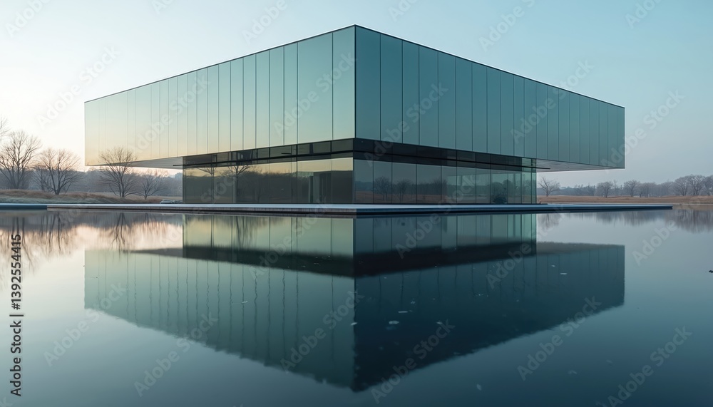 Modern glass building with symmetrical reflection in calm water surface. Mirror image creates abstract architecture in minimalist design. Clear blue sky, urban landscape. Perfect for business Modern glass building with symmetrical reflection in calm water surface. Mirror image creates abstract architecture in minimalist design. Clear blue sky, urban landscape. Perfect for business