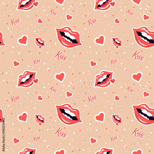 Seamless vector pattern with red lips, hearts, and “kiss” text on a soft background. Perfect for Valentine’s Day, romantic wrapping paper, textiles, wallpapers, and cute love-themed designs