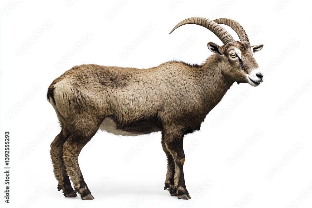 Fototapeta premium a goat with long horns standing on a white surface
