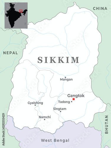Sikkim is a state of India showing district map with neighbour state and country