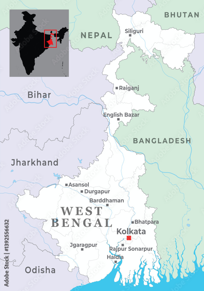 Obraz premium West Bengal district map is a Indian state, With neighbour state and country