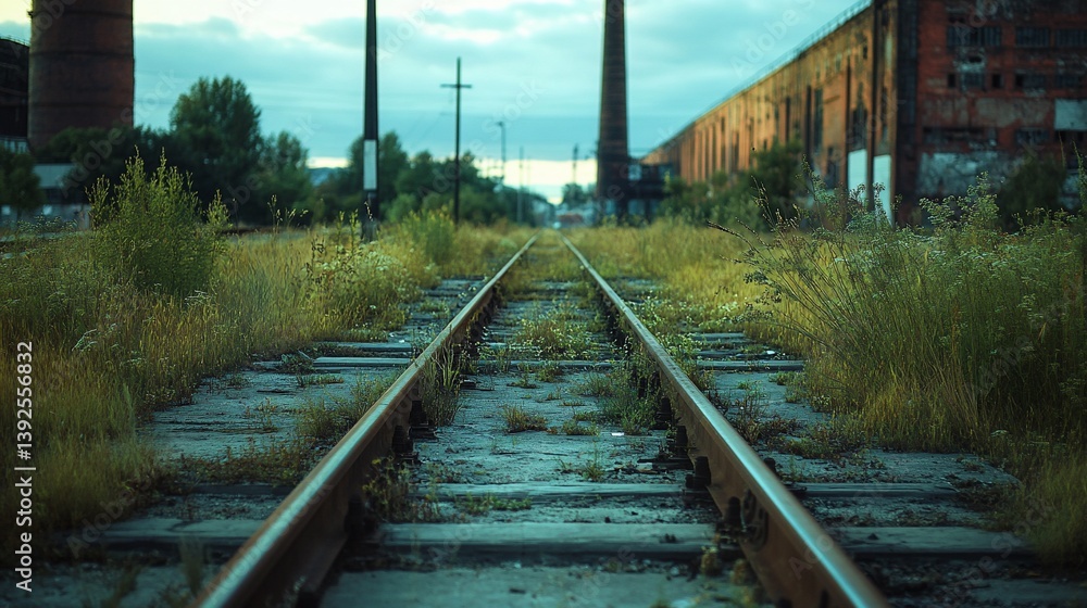 Fototapeta premium Abandoned railway tracks overgrown with vegetation leading to industrial buildings