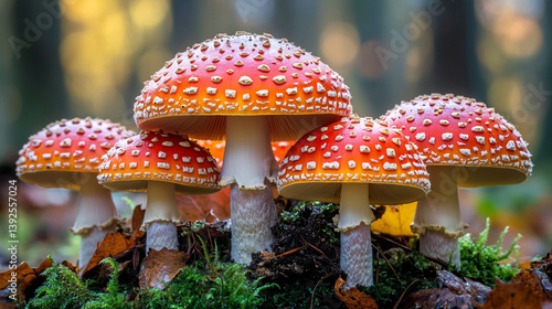 A cluster of colorful fly agaric mushrooms in the woodland, with their distinctive red caps and white spots