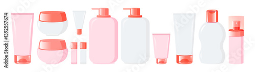 Set of blank empty cosmetic bottles, tubes, spray for cream, lotion, lip balm. Package beauty and skin care products. Vector isolated illustration.
