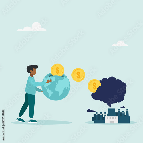Pay money for burning fossil fuels. Paying carbon tax as a concept of paying for CO2 emissions in a factory. Reducing greenhouse gas emissions. Vector illustration.