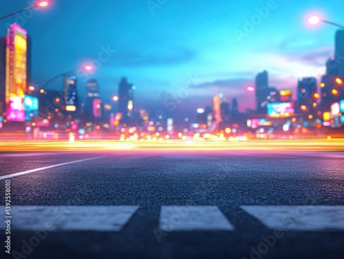 Vibrant cityscape with glowing lights and bustling activity on busy street at dusk