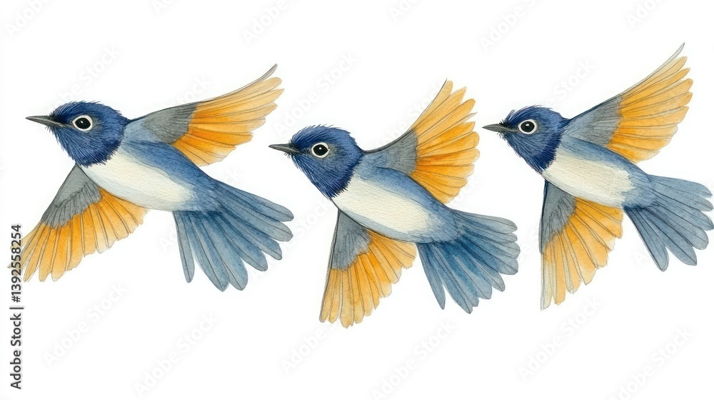 Fototapeta premium Three birds in flight against a white background