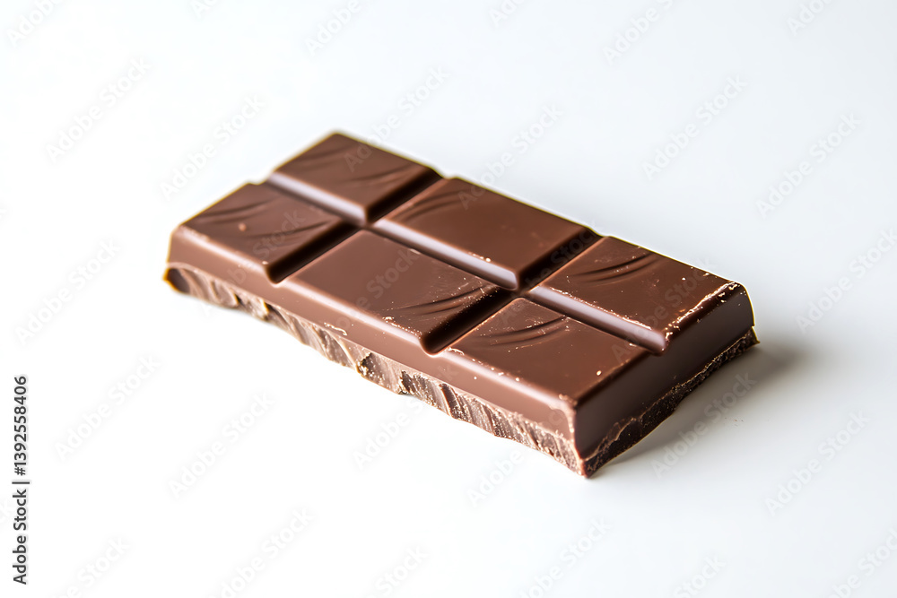 A delectable bar of chocolate rests on a pristine white surface tempting with its rich smooth texture. A delectable bar of chocolate rests on a pristine white surface tempting with its rich smooth texture.