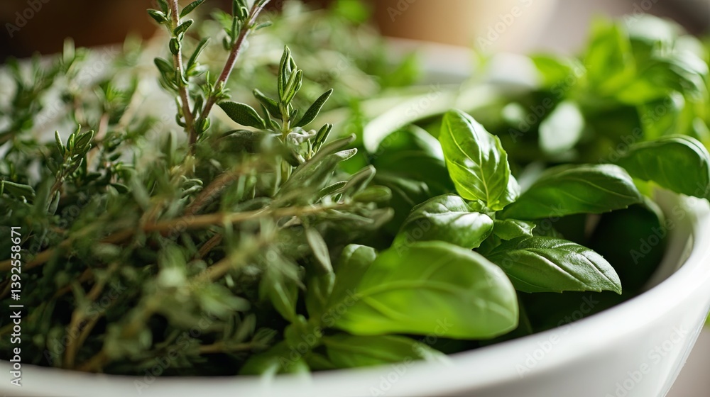 A close-up of freshly picked herbs being added to a dish in the kitchen pic A close-up of freshly picked herbs being added to a dish in the kitchen pic