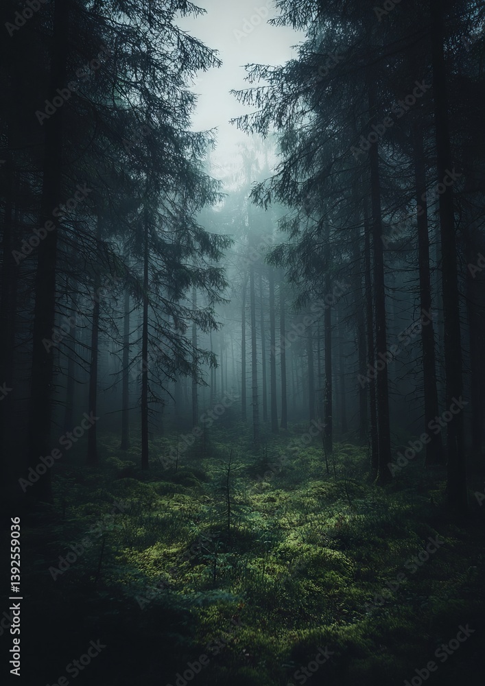 Fototapeta premium A dark forest with tall trees in the middle of it