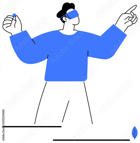 Individual wearing VR headset, making motions with raised hands. Ideal for VR, gaming, tech innovation, digital experience, immersive technology, interactivity creative exploration. Flat simple