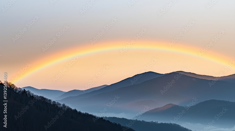 Fototapeta premium A serene landscape featuring rolling mountains and a vibrant rainbow arching across a soft, pastel sky at dawn.
