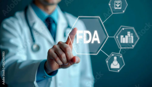Doctor touching FDA icon on a futuristic virtual screen, representing medical regulation, health innovation, and approval