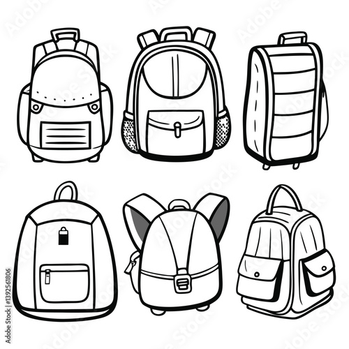Hand-Drawn Backpack Doodle Set – 6 Unique Black and White Bag Illustrations