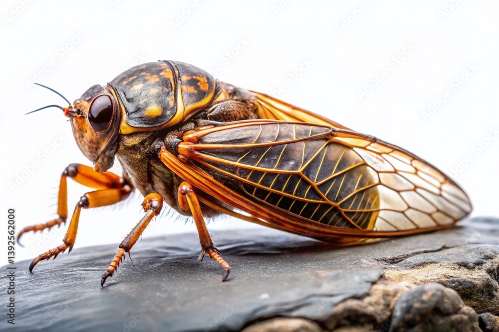 Closeup of a Large Brown Cicada on a Rock Against a Crisp White Background Perfect for Educational Materials Closeup of a Large Brown Cicada on a Rock Against a Crisp White Background Perfect for Educational Materials