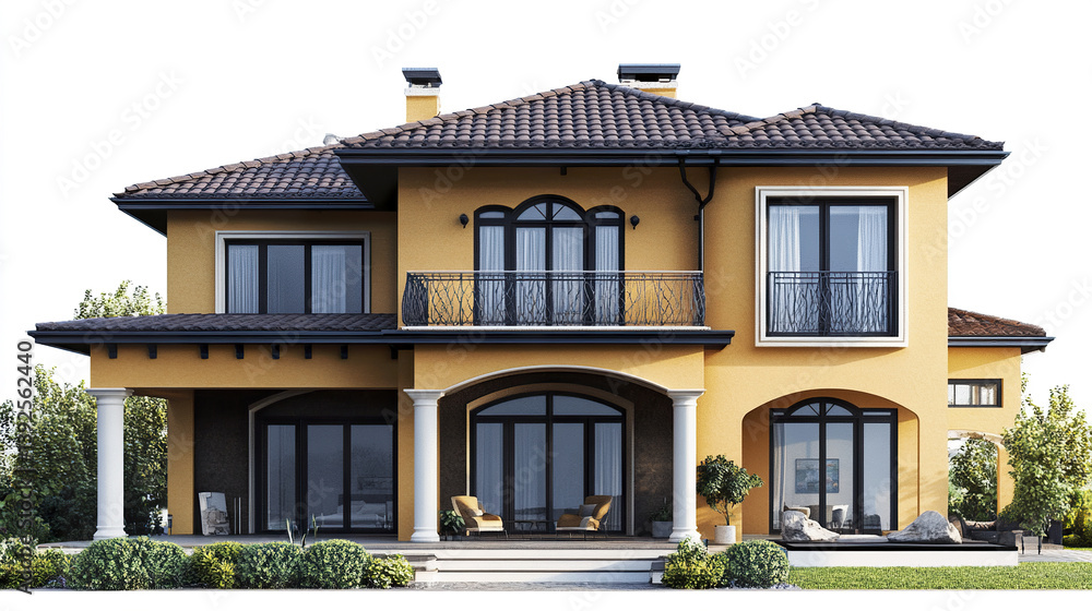 Fototapeta premium Elegant two story house with arched windows and lush greenery