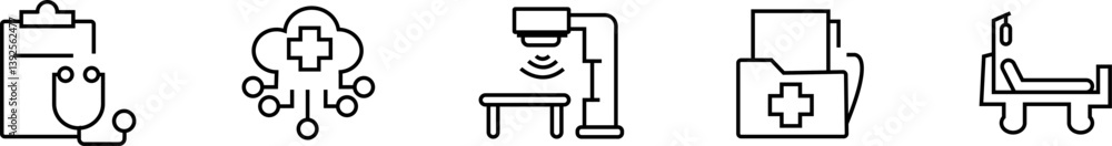 Medical emergency and telehealth icon set – medical cloud, global health network, ultrasound process, digital diagnosis, and patient records and bed with transparent background. Medical emergency and telehealth icon set – medical cloud, global health network, ultrasound process, digital diagnosis, and patient records and bed with transparent background.