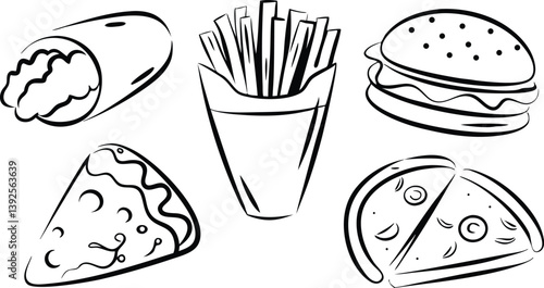 Fast Food Icons Burger, Pizza, Fries, Burrito, Pizza Slice