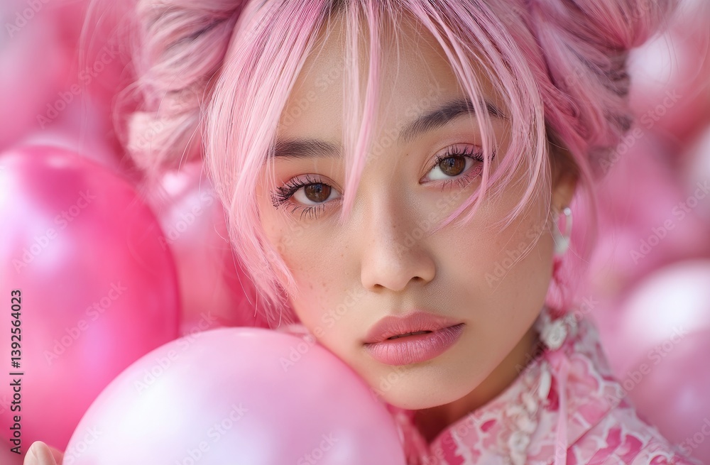 Close-up portrait of an Asian woman with pink hair laying in the middle of pink balloons