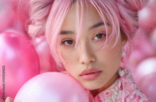 Obraz na płótnie Close-up portrait of an Asian woman with pink hair laying in the middle of pink balloons w salonie