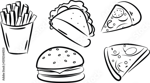 Fast Food Illustrations Burger, Fries, Taco, Pizza Slices