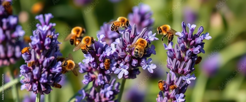 Fototapeta premium Busy bees pollinating vibrant purple lavender, surrounded by beeswax structures and other garden insects, flowers, legs