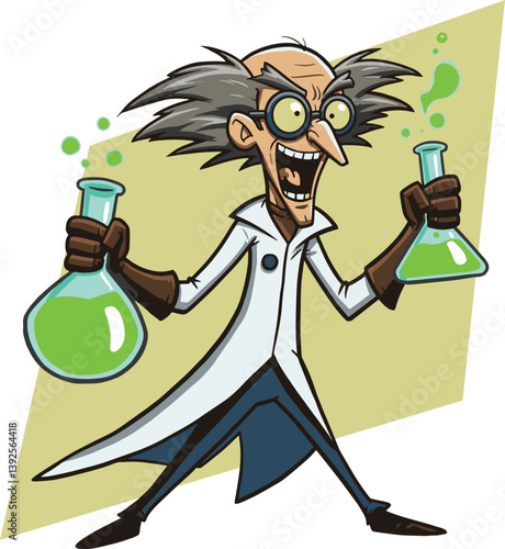 Qute cartoon mad scientist vector illustration with beakers and lab coat