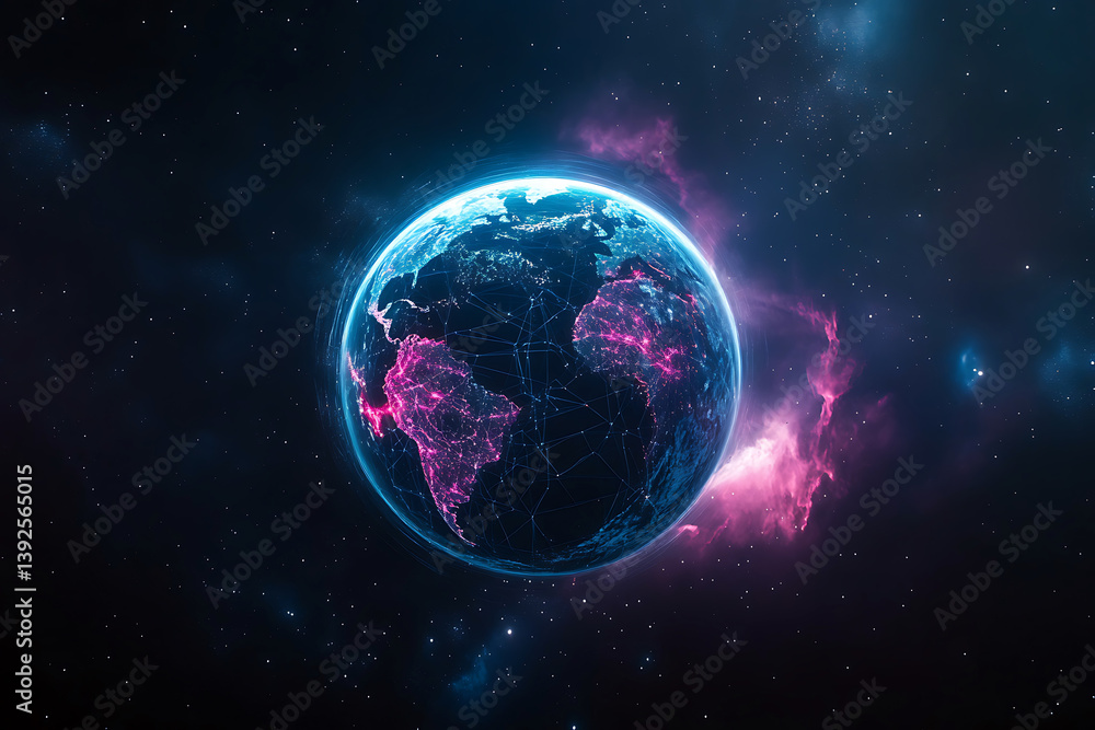 Obraz premium Digital Earth: Glowing network connecting continents amidst cosmic space and stardust.