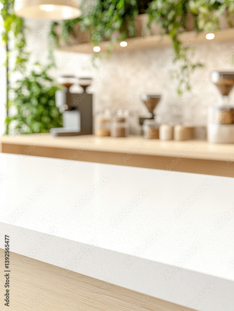 White countertop with blurry background featuring coffee-making machines and natural decor White countertop with blurry background featuring coffee-making machines and natural decor