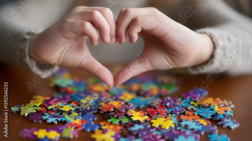 Heartfelt Puzzle: A pair of hands form a heart above a collection of colorful puzzle pieces. Symbolizing unity, connection, and the joy of putting things together.