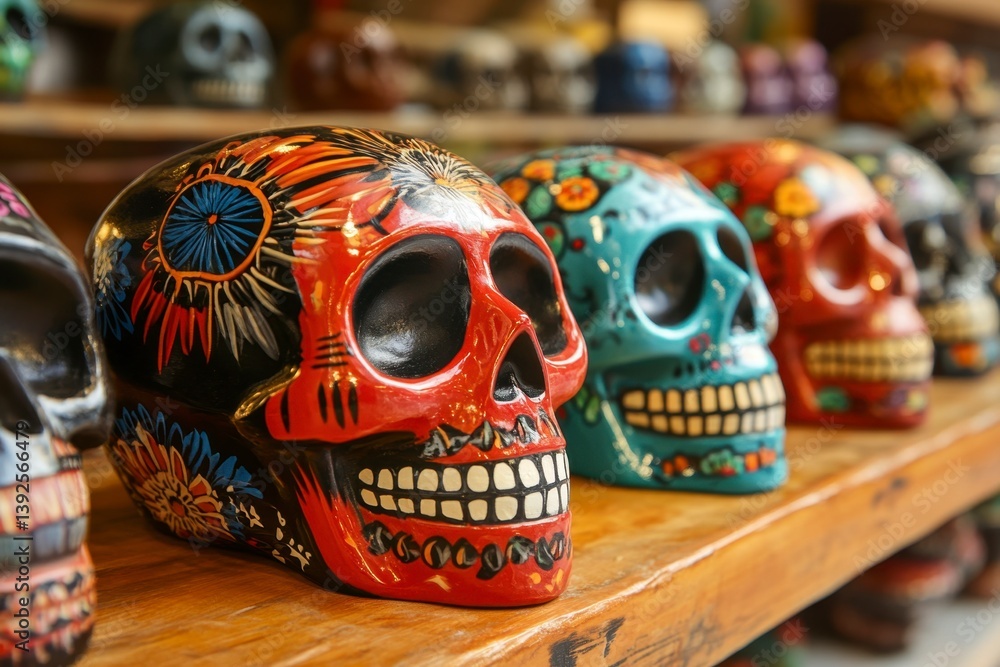 Fototapeta premium Colorful decorative skulls on a wooden shelf with intricate designs
