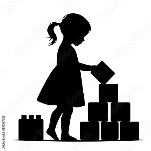 Girl playing with toy blocks silhouette vector