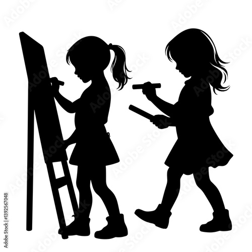 Two girls drawing on easel silhouette vector