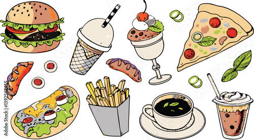 Delicious Fast Food Burgers, Pizza, Fries, and Ice Cream Treats
