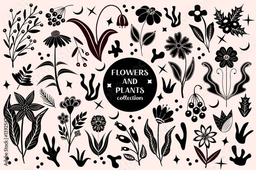 Set of black abstract flowers and leaves.botanical linocut plant and organic elements, herbs print. vector illustration