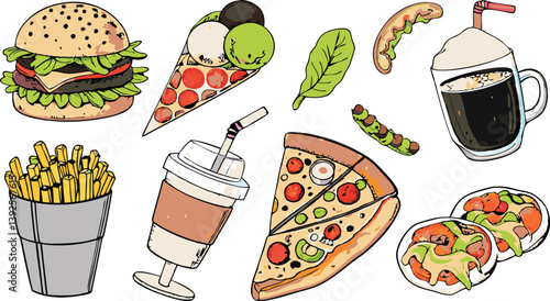 Delicious Fast Food Feast Burger, Pizza, Fries, Drinks, and More