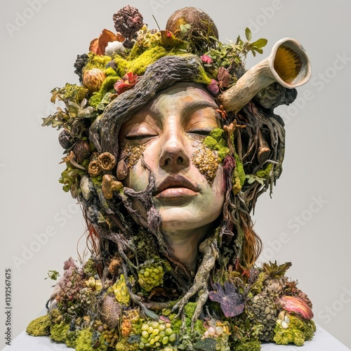 Nature-Inspired Surreal Sculpture of Woman's Head with Botanical Elements