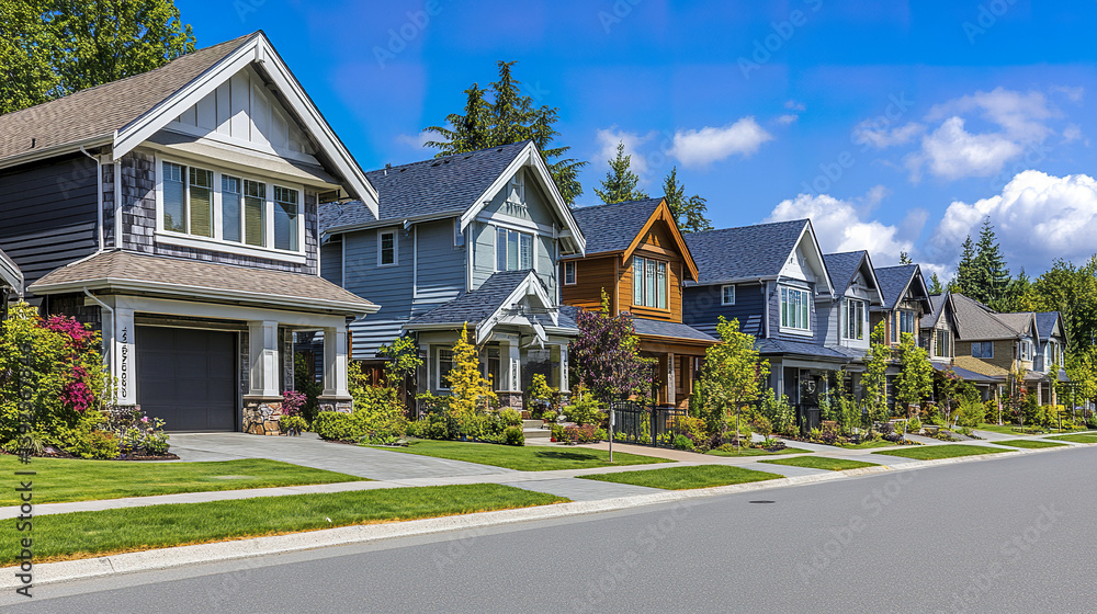 Row of luxury homes with detailed architecture and lush greenery Row of luxury homes with detailed architecture and lush greenery