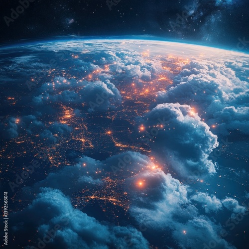 Earth at night, lit by city lights, through clouds