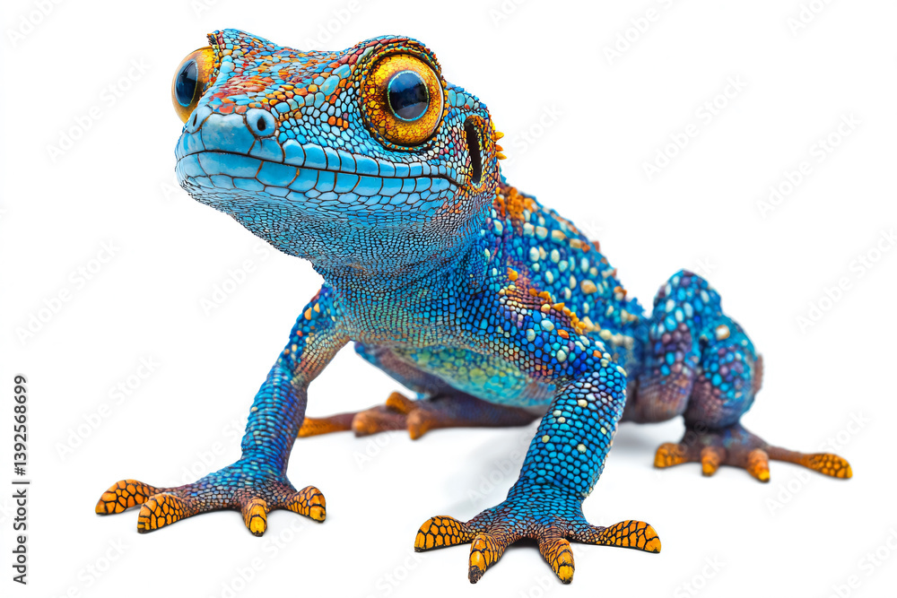 Obraz premium a blue and orange lizard sitting on a white surface