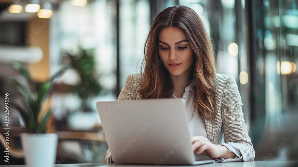 Woman with blazer working on a laptop in a bright space with a coffee cup and blurred background Woman with blazer working on a laptop in a bright space with a coffee cup and blurred background